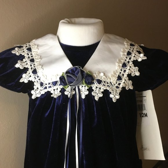 RARE EDITIONS Blue Velvet Dress with Matching Headband NEW WITH TAGS! - Picture 3 of 13
